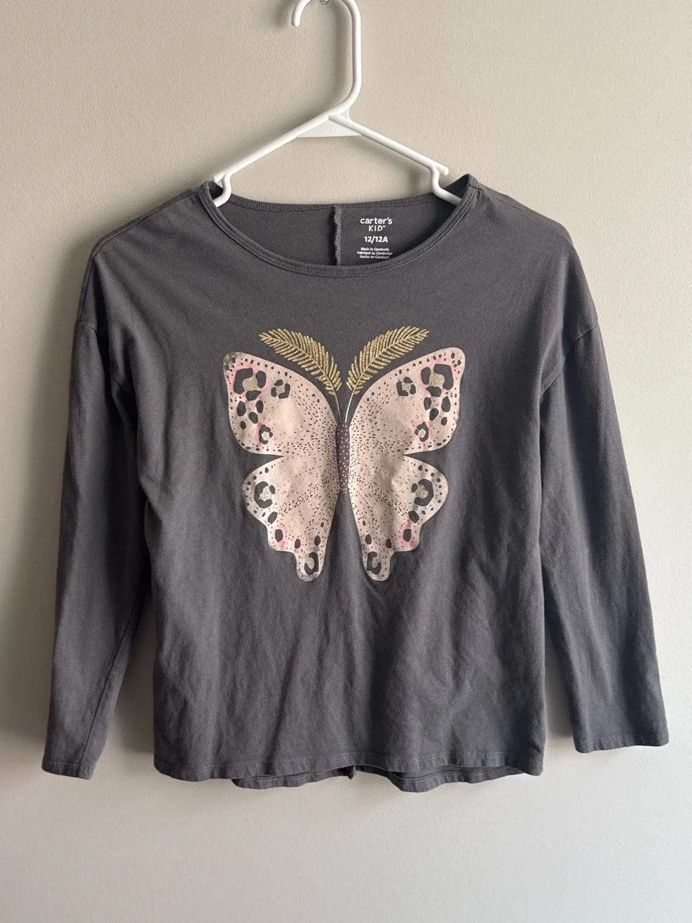 Carter's Charcoal Gray Long Sleeve Top with Pink & Gold Butterfly